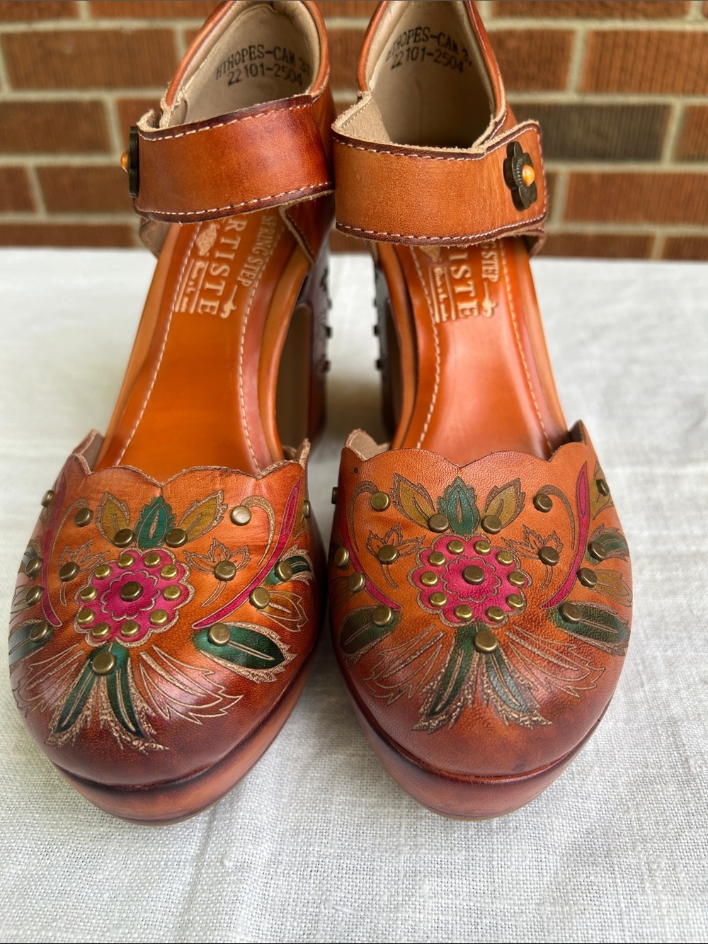 Artiste Brown Floral Leather Clog Mules with Ankle Strap